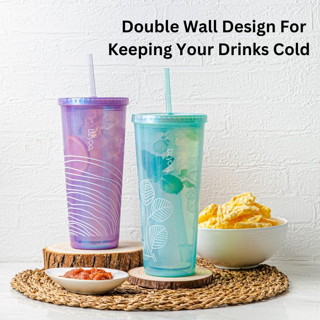 24oz Plastic Tumbler Cup, Lid & Straw, Iced Coffee, Purple Butterfly | SIP Double wall reusable cup for iced tea and smoothies. BPA-free, 710ml, dishwasher safe, fits cup holders.