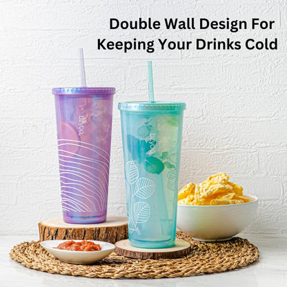 24oz Plastic Tumbler Cup, Lid & Straw, Iced Coffee, Purple Butterfly | SIP Double wall reusable cup for iced tea and smoothies. BPA-free, 710ml, dishwasher safe, fits cup holders.