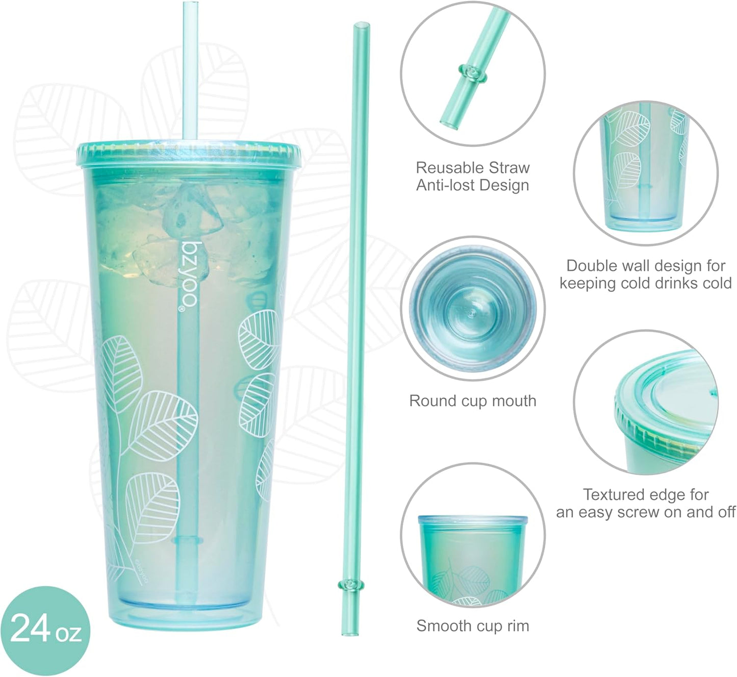 24oz Plastic Tumbler Cup, Lid & Straw, Iced Coffee, Purple Butterfly | SIP Double wall reusable cup for iced tea and smoothies. BPA-free, 710ml, dishwasher safe, fits cup holders.