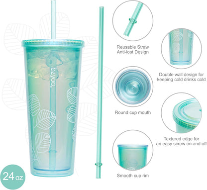 24oz Plastic Tumbler Cup, Lid & Straw, Iced Coffee, Purple Butterfly | SIP Double wall reusable cup for iced tea and smoothies. BPA-free, 710ml, dishwasher safe, fits cup holders.