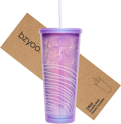 24oz Plastic Tumbler Cup, Lid & Straw, Iced Coffee, Purple Butterfly | SIP Double wall reusable cup for iced tea and smoothies. BPA-free, 710ml, dishwasher safe, fits cup holders.