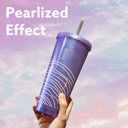 24oz Plastic Tumbler Cup, Lid & Straw, Iced Coffee, Purple Butterfly | SIP Double wall reusable cup for iced tea and smoothies. BPA-free, 710ml, dishwasher safe, fits cup holders.