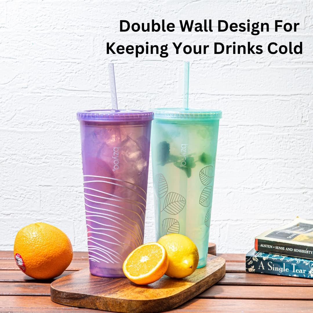 24oz Plastic Tumbler Cup, Lid & Straw, Iced Coffee, Purple Butterfly | SIP Double wall reusable cup for iced tea and smoothies. BPA-free, 710ml, dishwasher safe, fits cup holders.