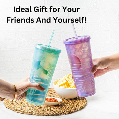 24oz Plastic Tumbler Cup, Lid & Straw, Iced Coffee, Purple Butterfly | SIP Double wall reusable cup for iced tea and smoothies. BPA-free, 710ml, dishwasher safe, fits cup holders.