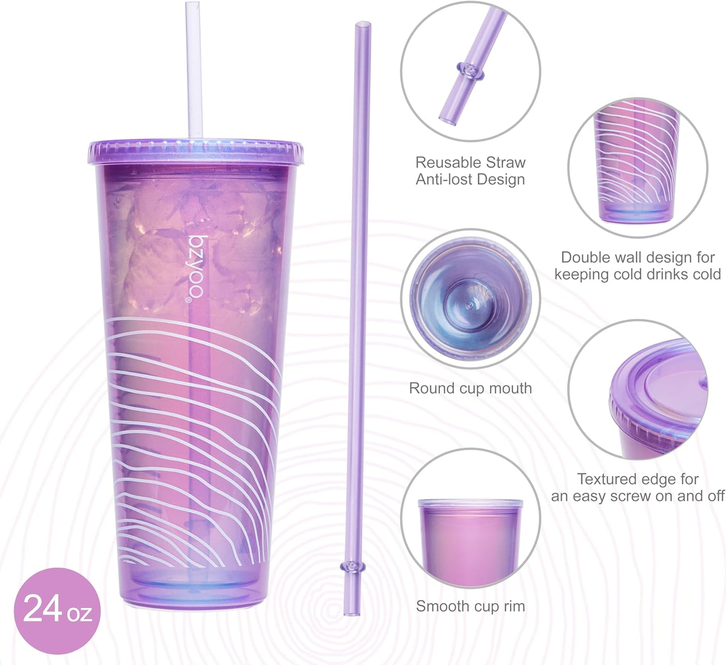 24oz Plastic Tumbler Cup, Lid & Straw, Iced Coffee, Purple Butterfly | SIP Double wall reusable cup for iced tea and smoothies. BPA-free, 710ml, dishwasher safe, fits cup holders.
