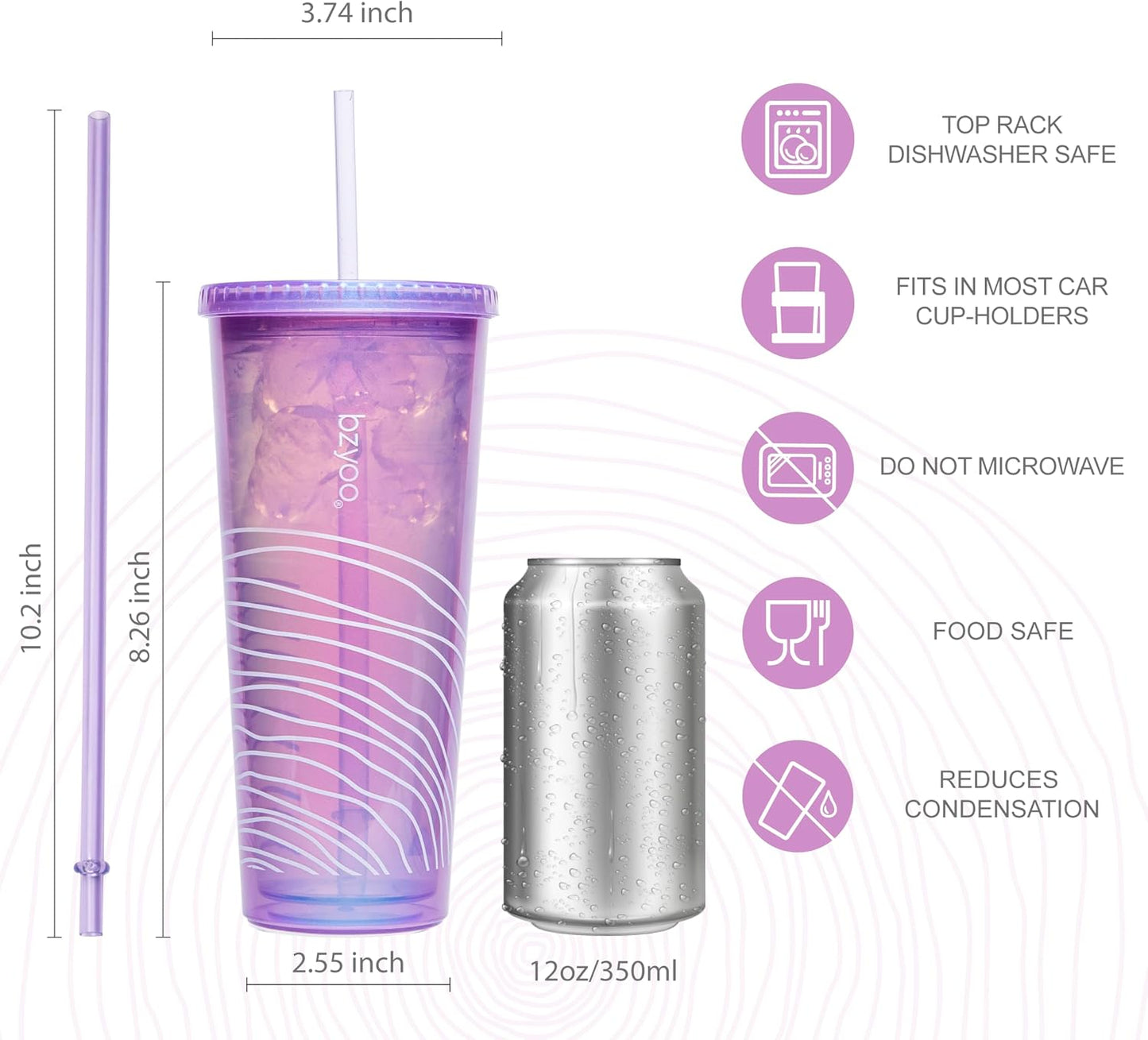 24oz Plastic Tumbler Cup, Lid & Straw, Iced Coffee, Purple Butterfly | SIP Double wall reusable cup for iced tea and smoothies. BPA-free, 710ml, dishwasher safe, fits cup holders.
