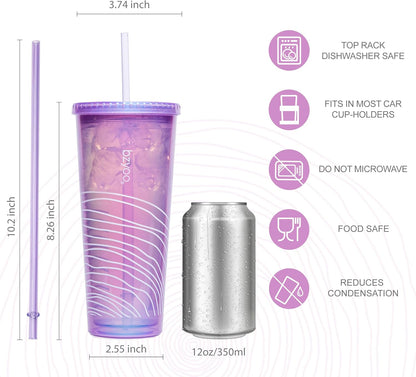 24oz Plastic Tumbler Cup, Lid & Straw, Iced Coffee, Purple Butterfly | SIP Double wall reusable cup for iced tea and smoothies. BPA-free, 710ml, dishwasher safe, fits cup holders.
