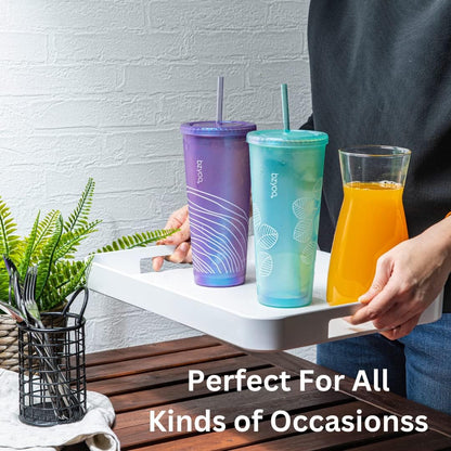 24oz Plastic Tumbler Cup, Lid & Straw, Iced Coffee, Purple Butterfly | SIP Double wall reusable cup for iced tea and smoothies. BPA-free, 710ml, dishwasher safe, fits cup holders.