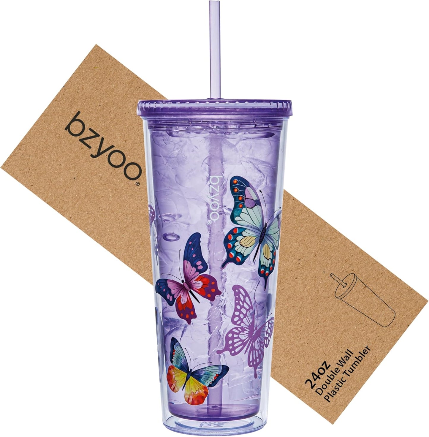 24oz Plastic Tumbler Cup, Lid & Straw, Iced Coffee, Purple Butterfly | SIP Double wall reusable cup for iced tea and smoothies. BPA-free, 710ml, dishwasher safe, fits cup holders.