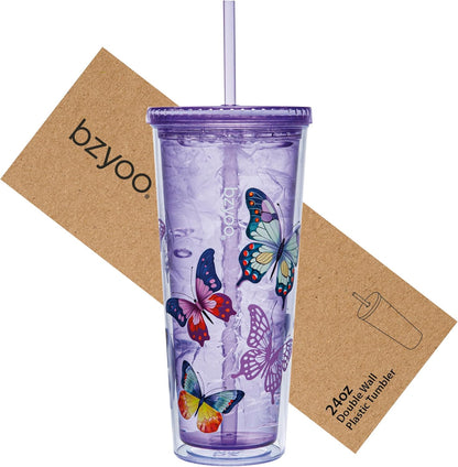 24oz Plastic Tumbler Cup, Lid & Straw, Iced Coffee, Purple Butterfly | SIP Double wall reusable cup for iced tea and smoothies. BPA-free, 710ml, dishwasher safe, fits cup holders.