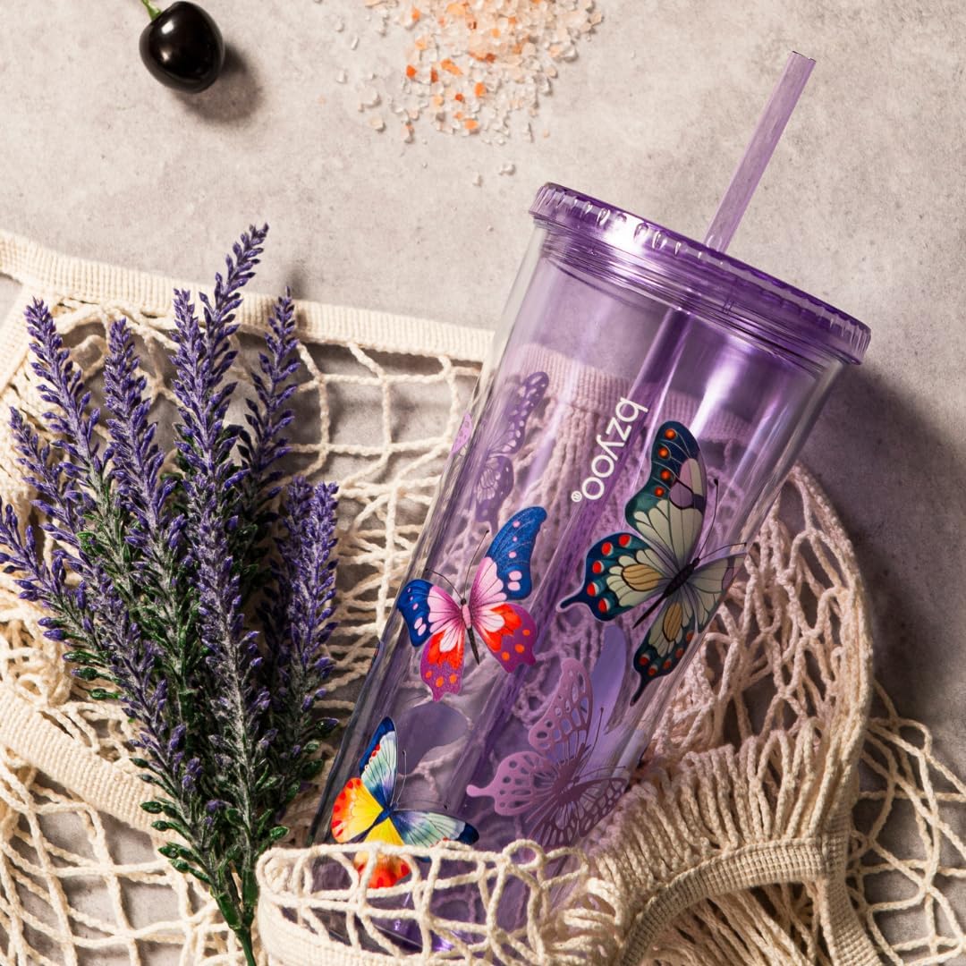 24oz Plastic Tumbler Cup, Lid & Straw, Iced Coffee, Purple Butterfly | SIP Double wall reusable cup for iced tea and smoothies. BPA-free, 710ml, dishwasher safe, fits cup holders.