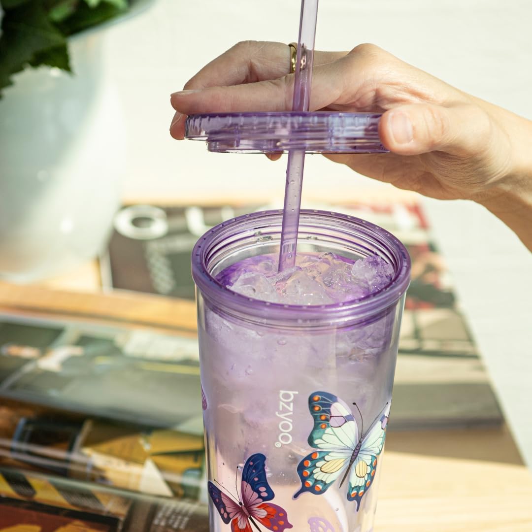 24oz Plastic Tumbler Cup, Lid & Straw, Iced Coffee, Purple Butterfly | SIP Double wall reusable cup for iced tea and smoothies. BPA-free, 710ml, dishwasher safe, fits cup holders.