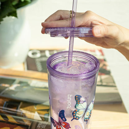 24oz Plastic Tumbler Cup, Lid & Straw, Iced Coffee, Purple Butterfly | SIP Double wall reusable cup for iced tea and smoothies. BPA-free, 710ml, dishwasher safe, fits cup holders.