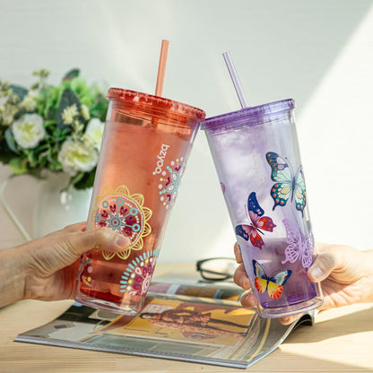 24oz Plastic Tumbler Cup, Lid & Straw, Iced Coffee, Purple Butterfly | SIP Double wall reusable cup for iced tea and smoothies. BPA-free, 710ml, dishwasher safe, fits cup holders.