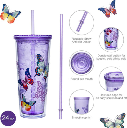 24oz Plastic Tumbler Cup, Lid & Straw, Iced Coffee, Purple Butterfly | SIP Double wall reusable cup for iced tea and smoothies. BPA-free, 710ml, dishwasher safe, fits cup holders.