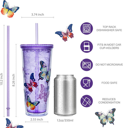 24oz Plastic Tumbler Cup, Lid & Straw, Iced Coffee, Purple Butterfly | SIP Double wall reusable cup for iced tea and smoothies. BPA-free, 710ml, dishwasher safe, fits cup holders.