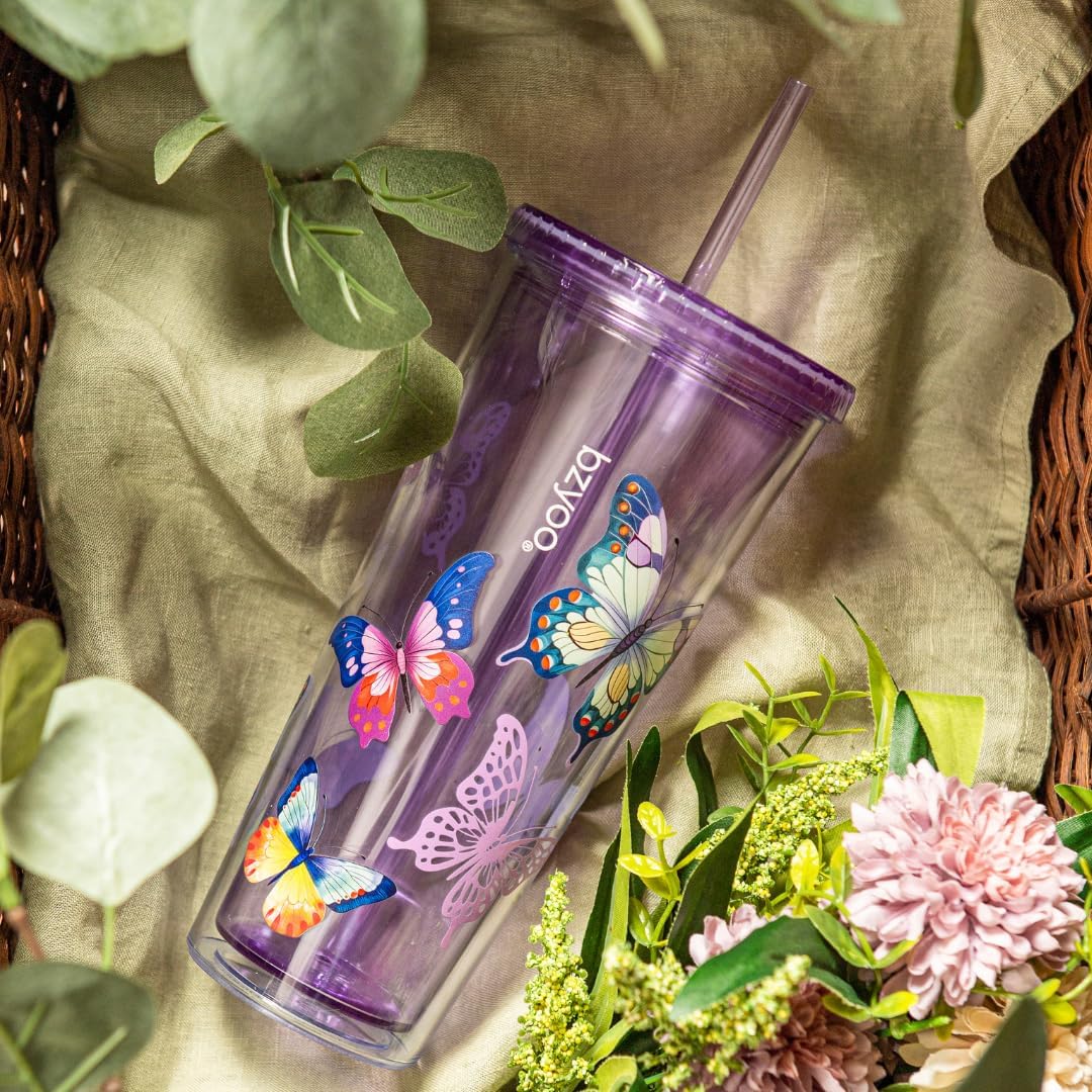 24oz Plastic Tumbler Cup, Lid & Straw, Iced Coffee, Purple Butterfly | SIP Double wall reusable cup for iced tea and smoothies. BPA-free, 710ml, dishwasher safe, fits cup holders.