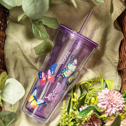 24oz Plastic Tumbler Cup, Lid & Straw, Iced Coffee, Purple Butterfly | SIP Double wall reusable cup for iced tea and smoothies. BPA-free, 710ml, dishwasher safe, fits cup holders.