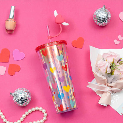 24oz Plastic Tumbler Cup, Lid & Straw, Iced Coffee, Purple Butterfly | SIP Double wall reusable cup for iced tea and smoothies. BPA-free, 710ml, dishwasher safe, fits cup holders.