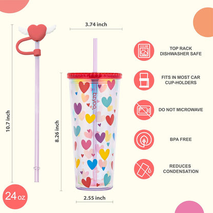 24oz Plastic Tumbler Cup, Lid & Straw, Iced Coffee, Purple Butterfly | SIP Double wall reusable cup for iced tea and smoothies. BPA-free, 710ml, dishwasher safe, fits cup holders.
