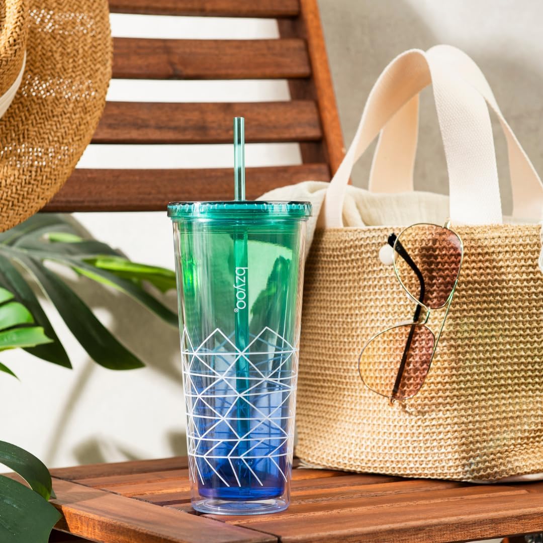 24oz Plastic Tumbler Cup, Lid & Straw, Iced Coffee, Purple Butterfly | SIP Double wall reusable cup for iced tea and smoothies. BPA-free, 710ml, dishwasher safe, fits cup holders.