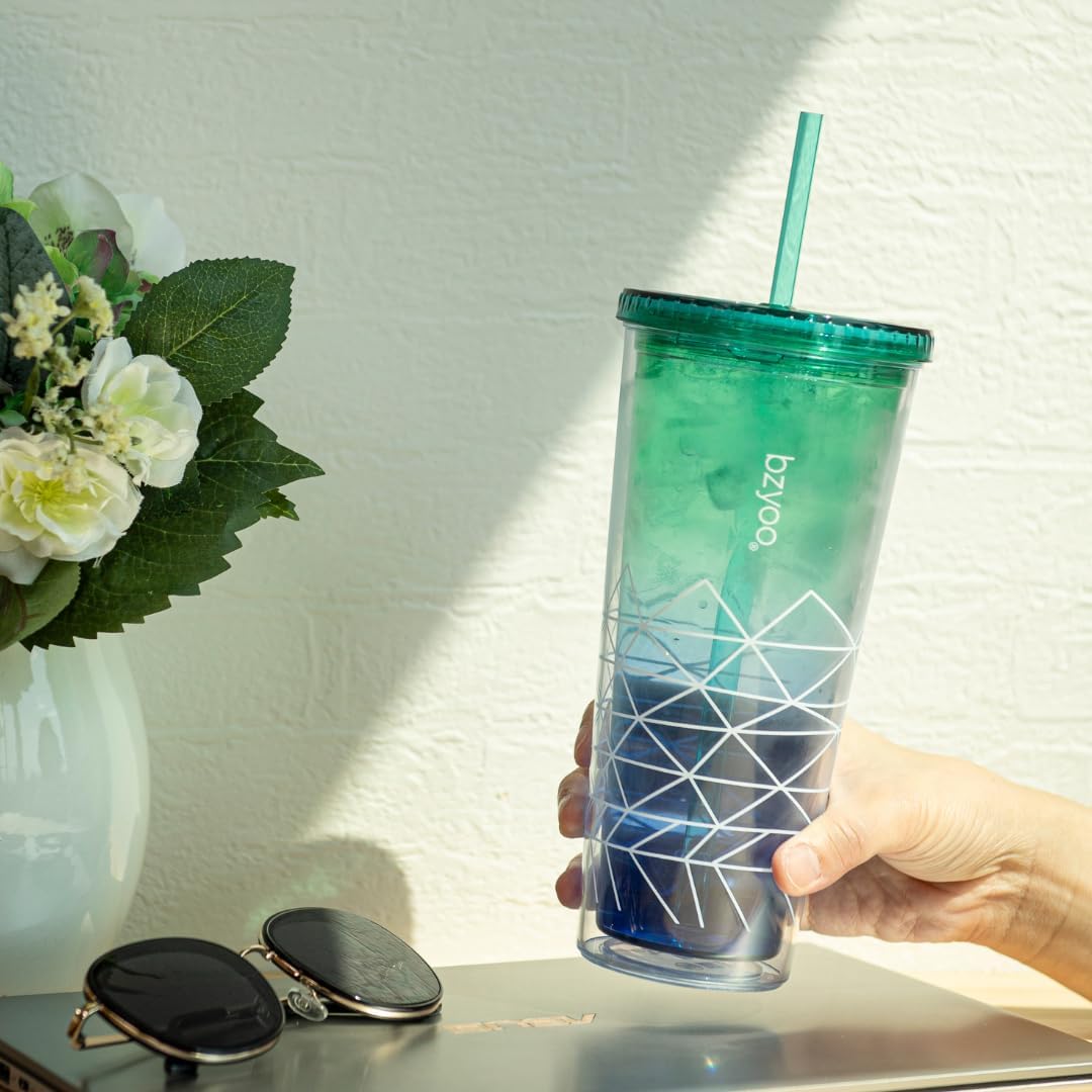24oz Plastic Tumbler Cup, Lid & Straw, Iced Coffee, Purple Butterfly | SIP Double wall reusable cup for iced tea and smoothies. BPA-free, 710ml, dishwasher safe, fits cup holders.