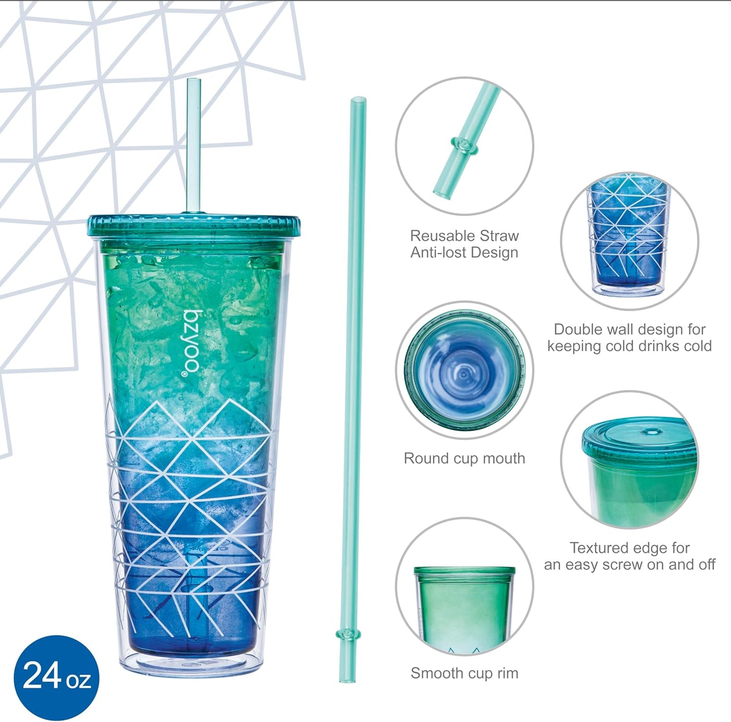 24oz Plastic Tumbler Cup, Lid & Straw, Iced Coffee, Purple Butterfly | SIP Double wall reusable cup for iced tea and smoothies. BPA-free, 710ml, dishwasher safe, fits cup holders.