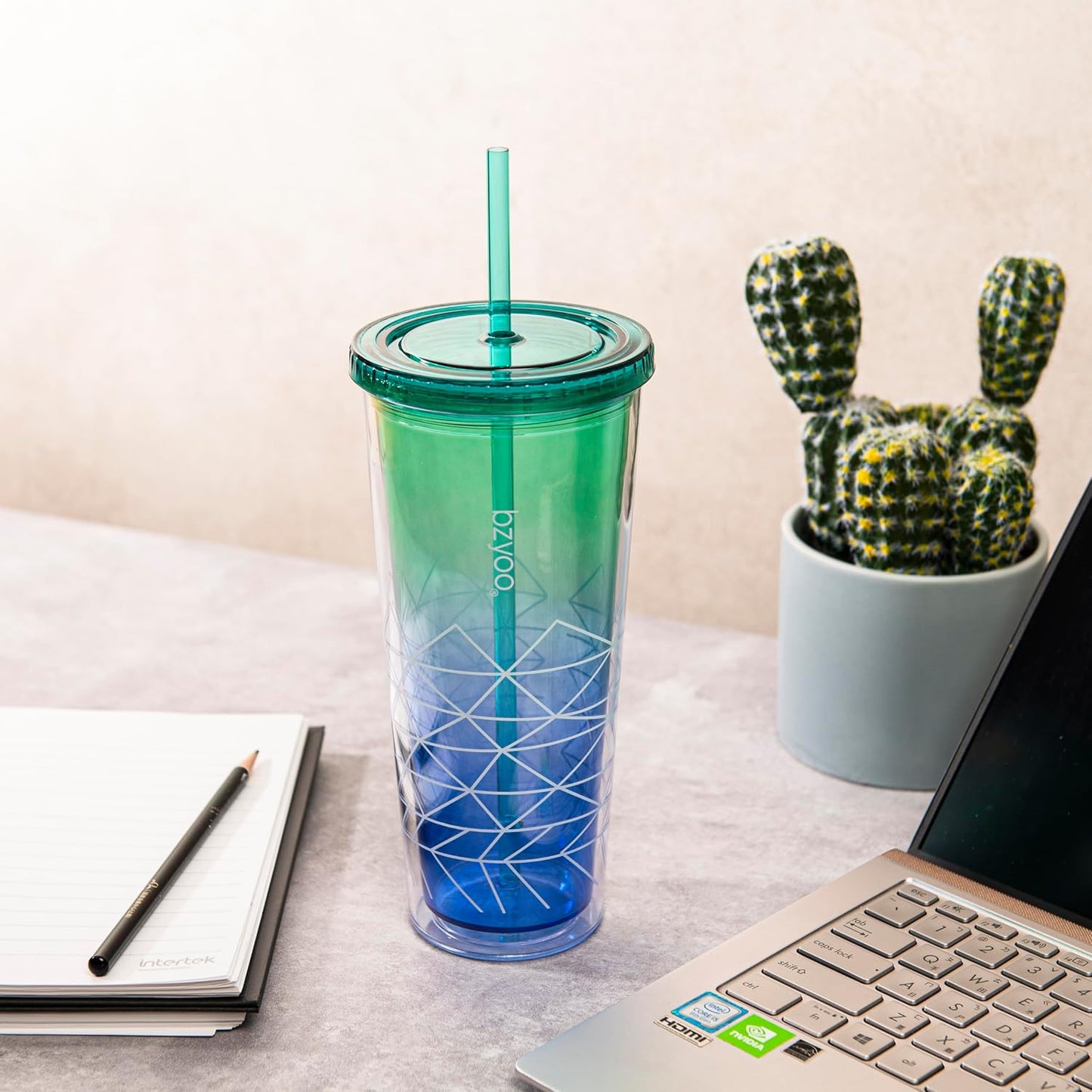 24oz Plastic Tumbler Cup, Lid & Straw, Iced Coffee, Purple Butterfly | SIP Double wall reusable cup for iced tea and smoothies. BPA-free, 710ml, dishwasher safe, fits cup holders.