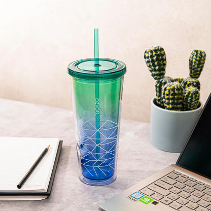 24oz Plastic Tumbler Cup, Lid & Straw, Iced Coffee, Purple Butterfly | SIP Double wall reusable cup for iced tea and smoothies. BPA-free, 710ml, dishwasher safe, fits cup holders.