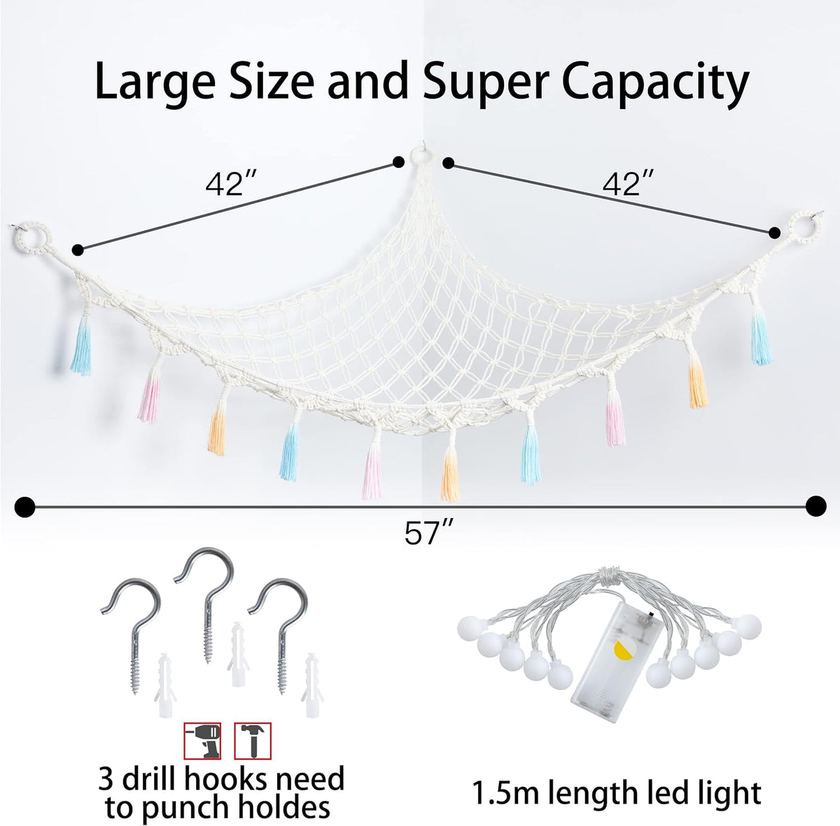 Stuffed Animal Storage Hammock Toy Net with Light Large (42*57 in)