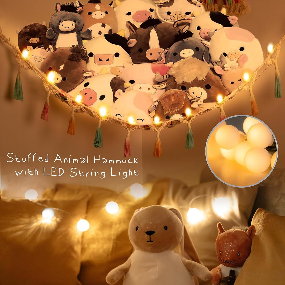 Stuffed Animal Storage Hammock Toy Net with Light Large (42*57 in)