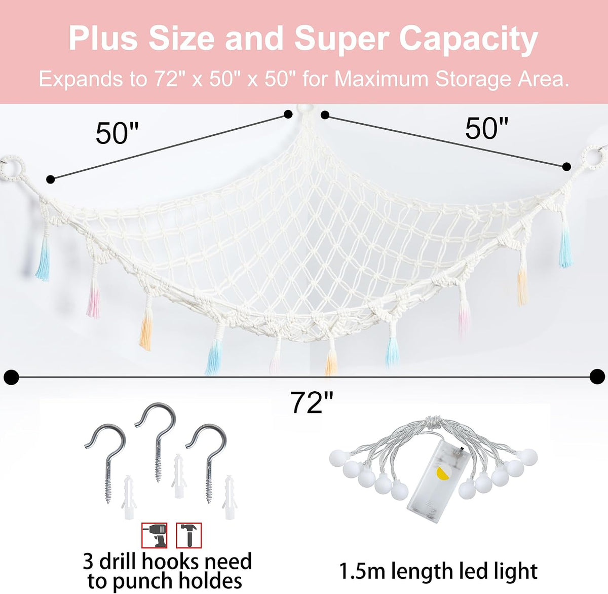 Stuffed Animal Storage Hammock Toy Net with Light Large (42*57 in)