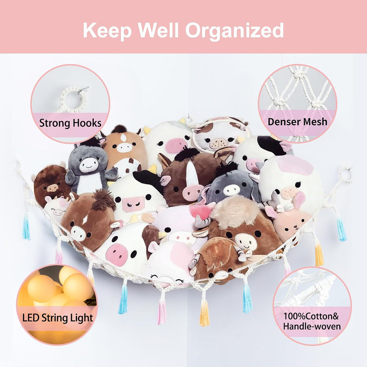 Stuffed Animal Storage Hammock Toy Net with Light Large (42*57 in)