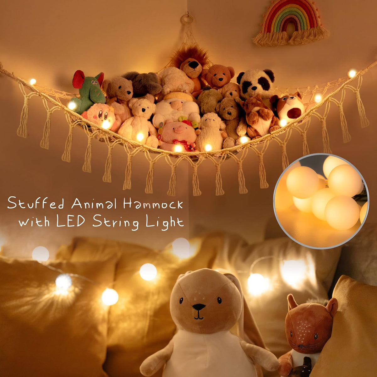 Stuffed Animal Storage Hammock Toy Net with Light Large (42*57 in)