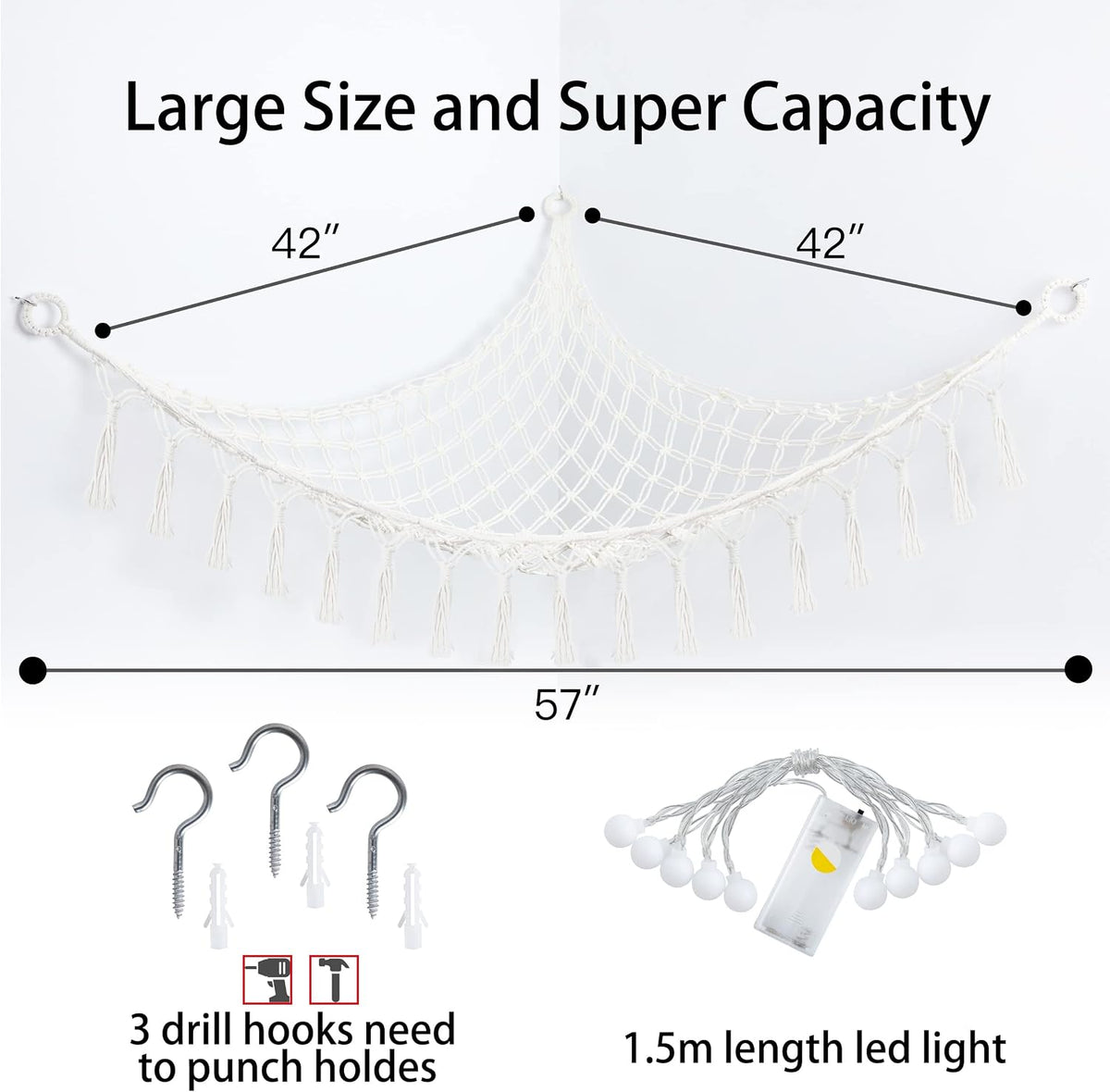 Stuffed Animal Storage Hammock Toy Net with Light Large (42*57 in)