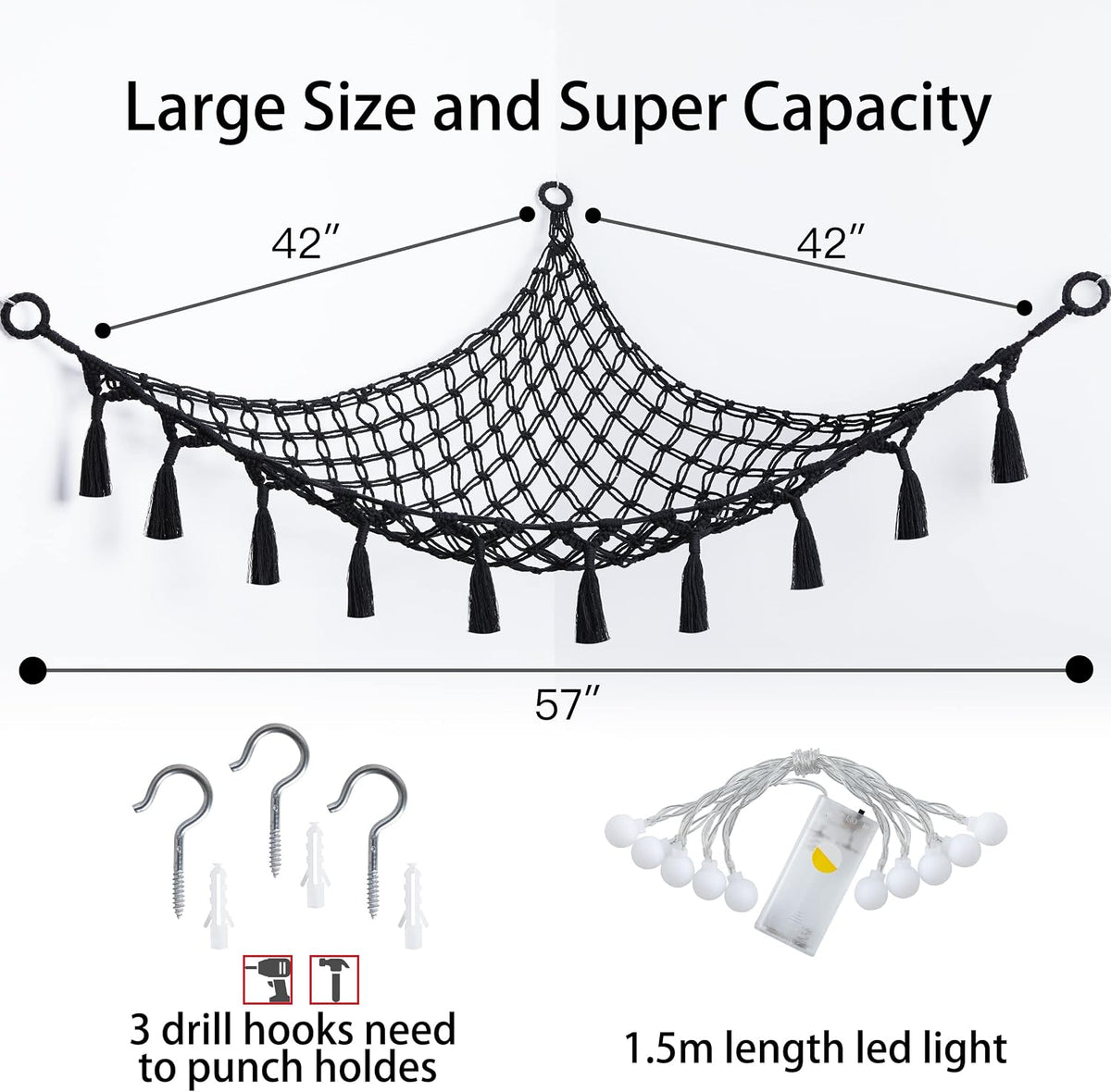 Stuffed Animal Storage Hammock Toy Net with Light Large (42*57 in)