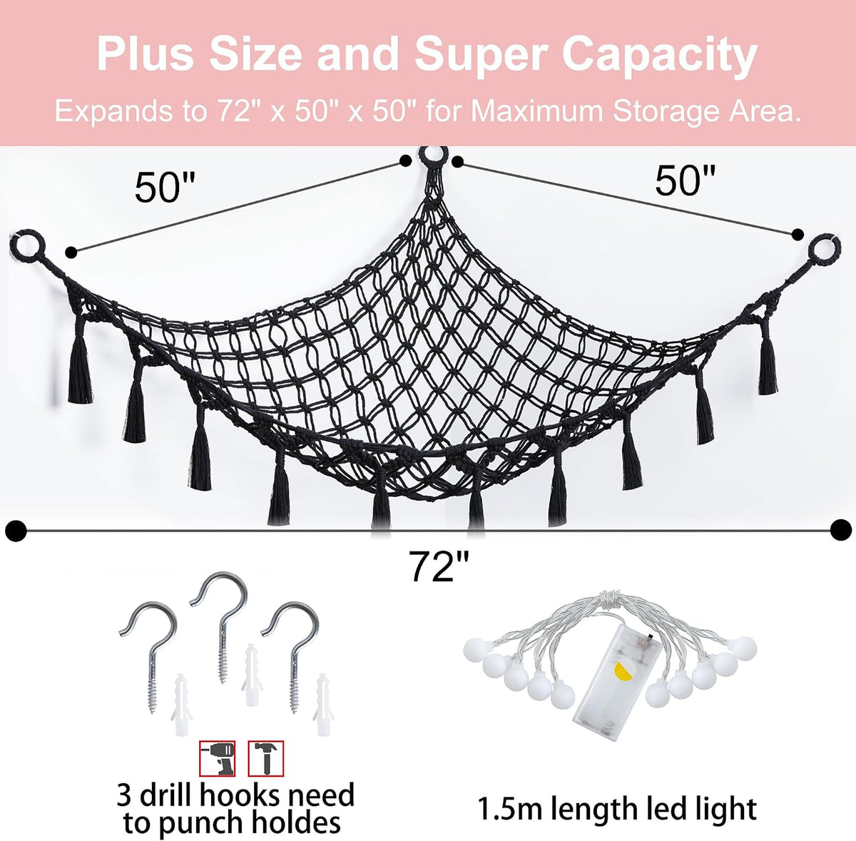 Stuffed Animal Storage Hammock Toy Net with Light Large (42*57 in)