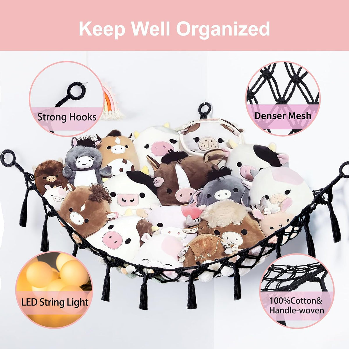 Stuffed Animal Storage Hammock Toy Net with Light Large (42*57 in)