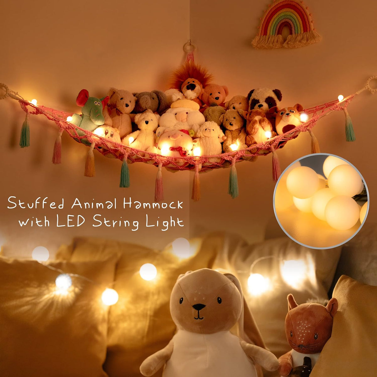 Stuffed Animal Storage Hammock Toy Net with Light Large (42*57 in)