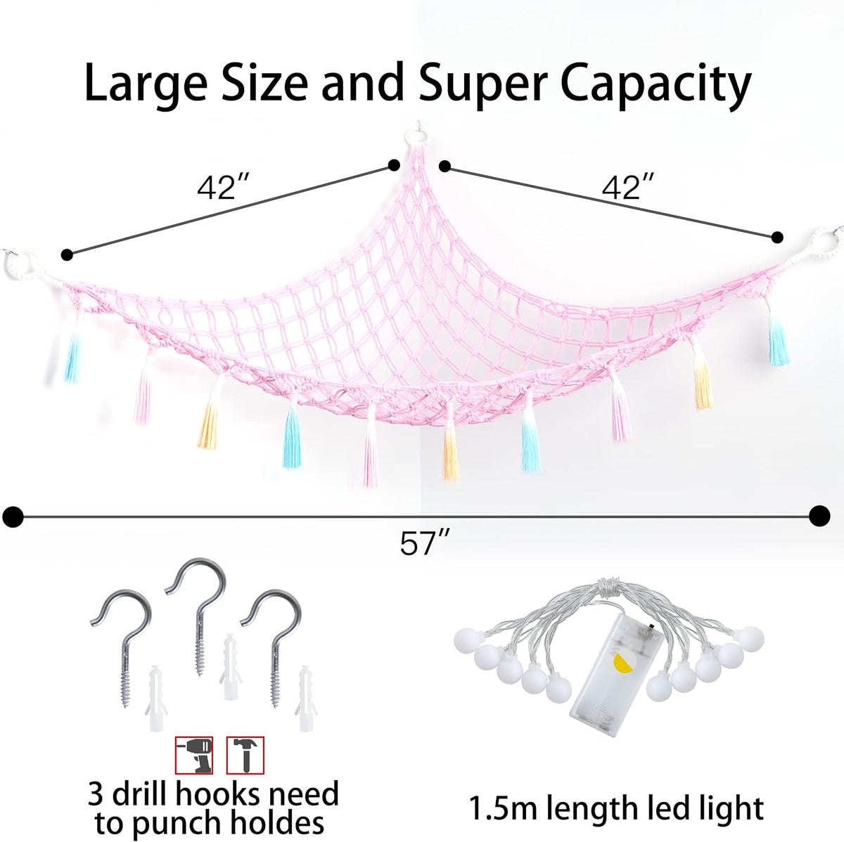 Stuffed Animal Storage Hammock Toy Net with Light Large (42*57 in)