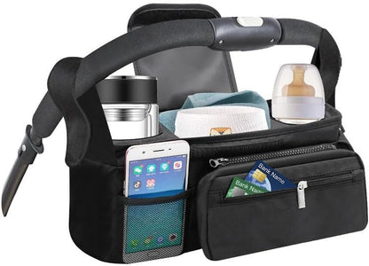 Universal Stroller Organizer with Insulated Cup Holders, Parent Console Caddy with Detachable Shoulder Strap & Phone Pouch, Large Capacity Stroller Accessories Bag