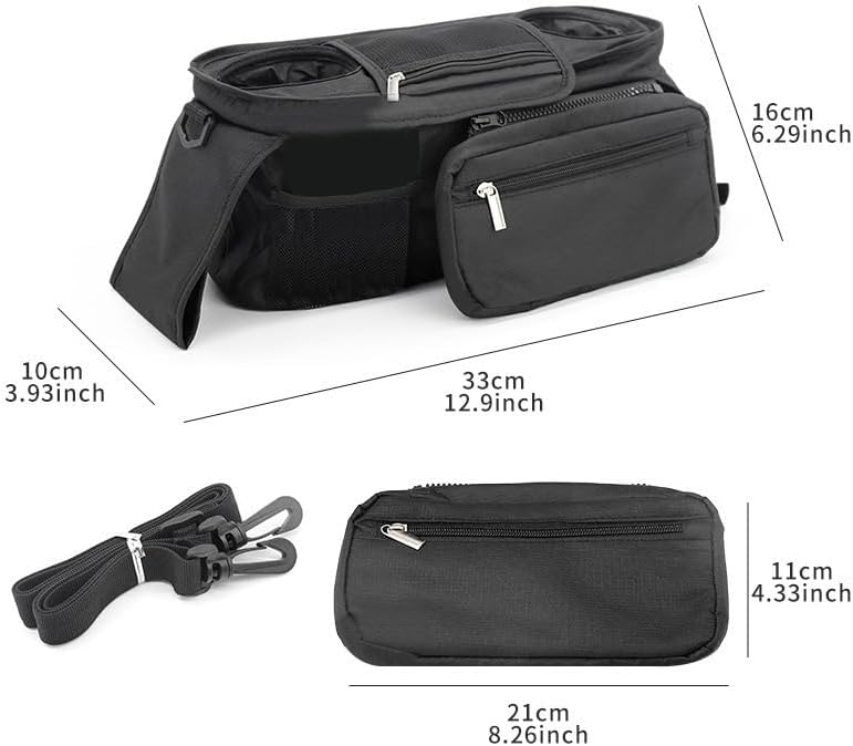 Universal Stroller Organizer with Insulated Cup Holders, Parent Console Caddy with Detachable Shoulder Strap & Phone Pouch, Large Capacity Stroller Accessories Bag