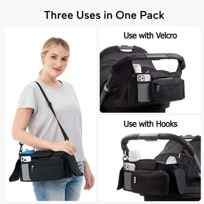 Universal Stroller Organizer with Insulated Cup Holders, Parent Console Caddy with Detachable Shoulder Strap & Phone Pouch, Large Capacity Stroller Accessories Bag