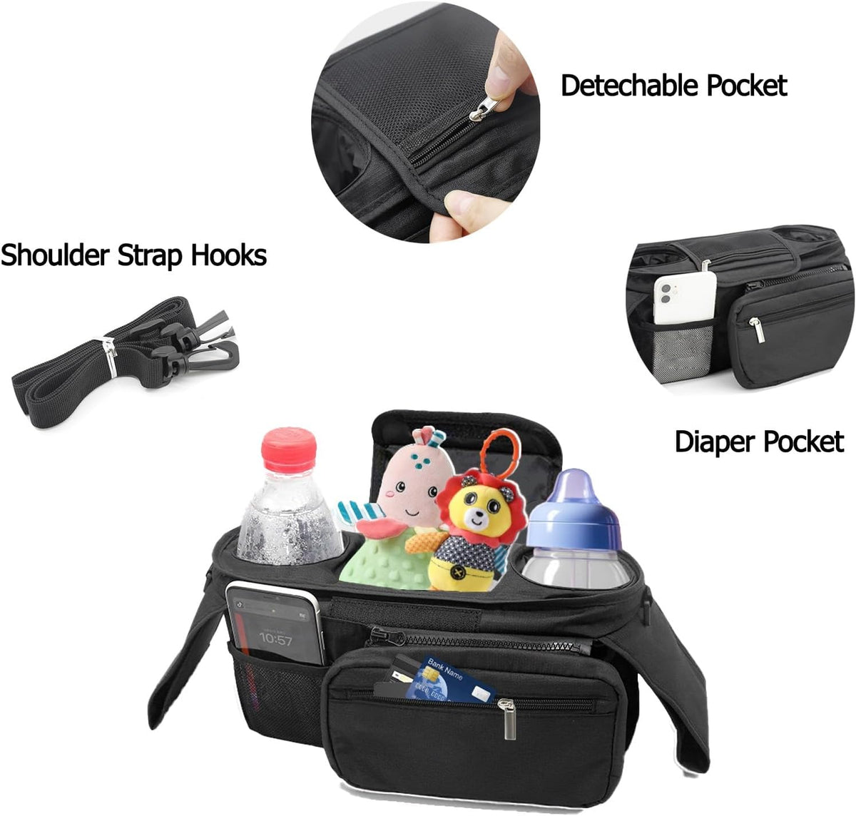 Universal Stroller Organizer with Insulated Cup Holders, Parent Console Caddy with Detachable Shoulder Strap & Phone Pouch, Large Capacity Stroller Accessories Bag