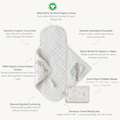 Organic Portable Changing Pad GOTS Certified Organic Cotton Fill Portable Diaper Changing Mat Diaper Clutch Changing Station Kit Compact Travel Pad (33"x34", Safari)