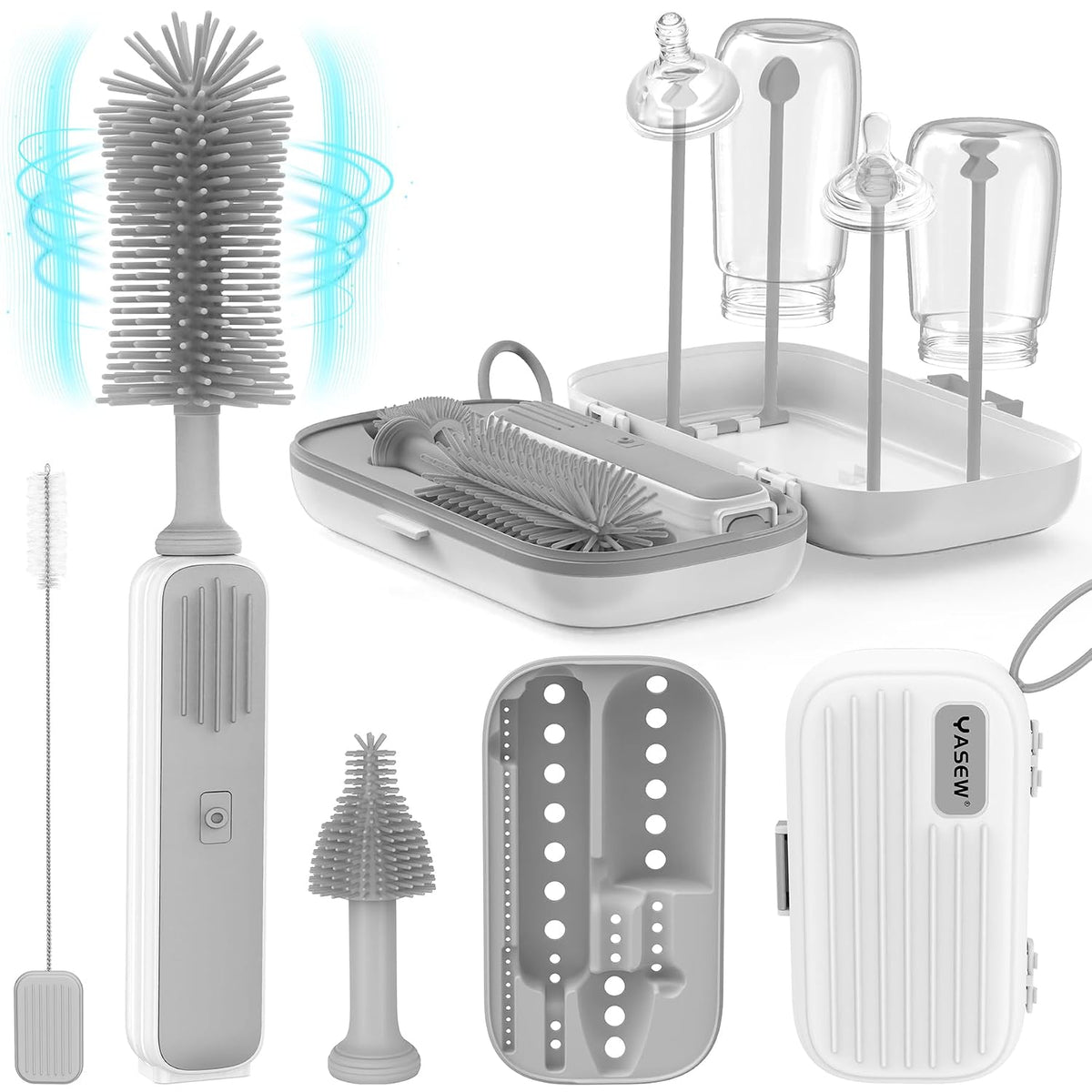 Electric Bottle Brush Cleaner, Baby Bottle Brush Travel Set, 360° Efficient Cleaning, Durable 2000 mAh Battery, Travel Bottle Brush Set with Drainage Rack and Storage Box, Baby Travel Essential