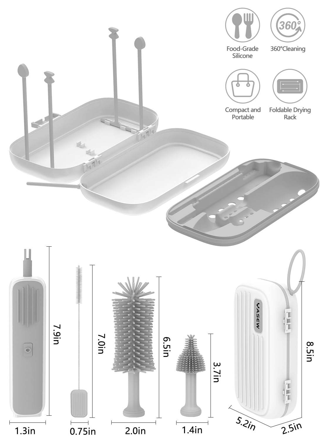 Electric Bottle Brush Cleaner, Baby Bottle Brush Travel Set, 360° Efficient Cleaning, Durable 2000 mAh Battery, Travel Bottle Brush Set with Drainage Rack and Storage Box, Baby Travel Essential