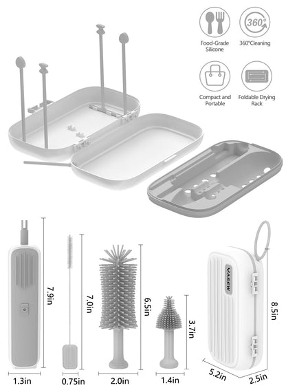 Electric Bottle Brush Cleaner, Baby Bottle Brush Travel Set, 360° Efficient Cleaning, Durable 2000 mAh Battery, Travel Bottle Brush Set with Drainage Rack and Storage Box, Baby Travel Essential