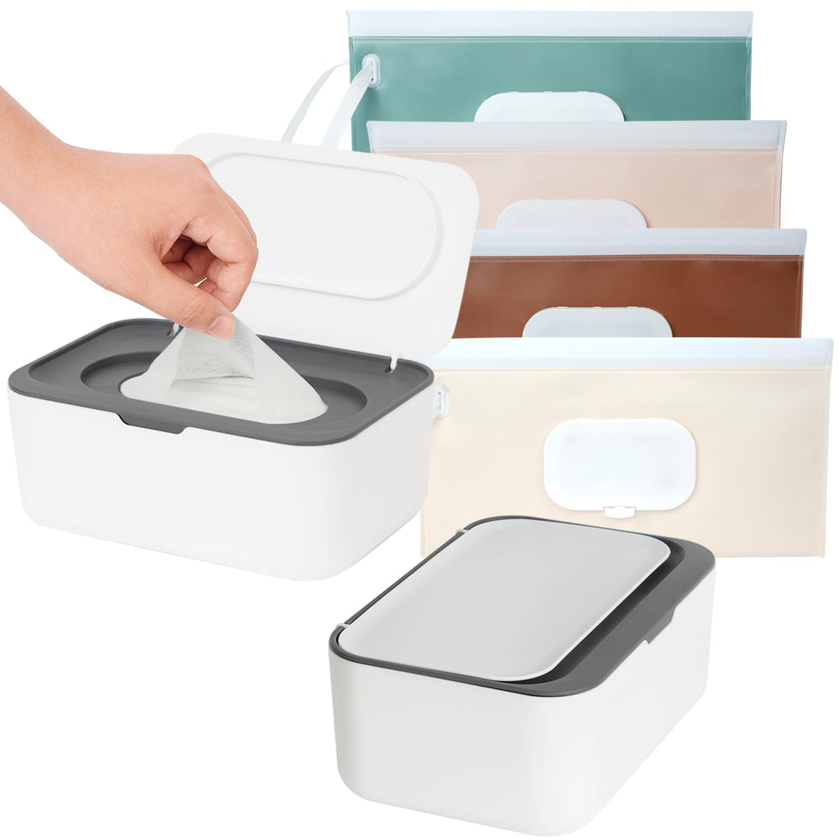 Wipes Dispenser with 4 Pack Portable Baby Wipe Case, Wipe Holder for Baby & Adult, Refillable Wipe Container, Keeps Wipes Fresh, Easy Open/Close Wipes Pouch Case, 2 Grey + 4 PureColor