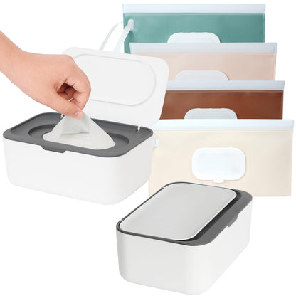 Wipes Dispenser with 4 Pack Portable Baby Wipe Case, Wipe Holder for Baby & Adult, Refillable Wipe Container, Keeps Wipes Fresh, Easy Open/Close Wipes Pouch Case, 2 Grey + 4 PureColor